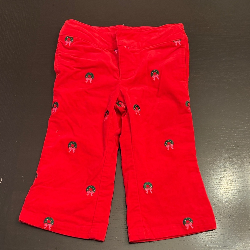 Hartstrings Girls' Holiday Christmas Red Corduroy Pants with Wreath Embroidery